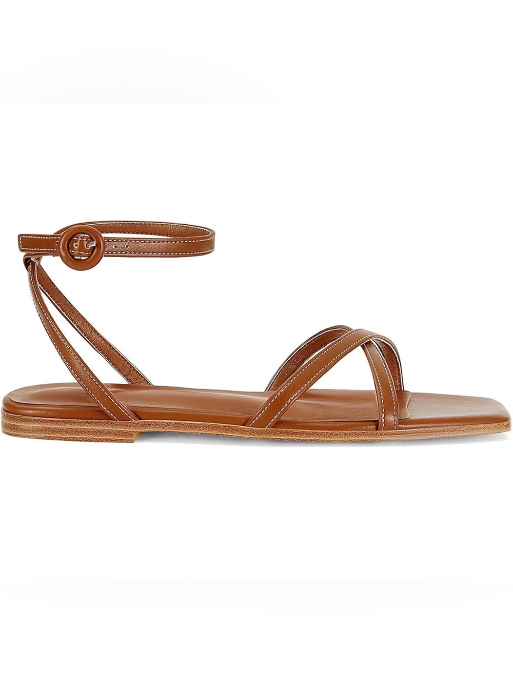 Cognac Brown Faux Leather Contrast Stitch Strappy Ankle Wrap Flat Sandals Size 8